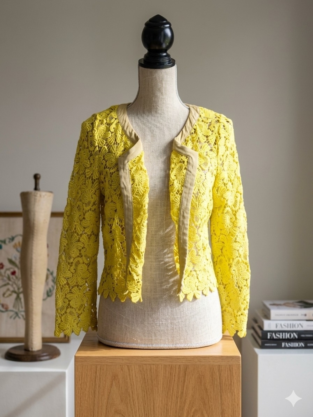Anthropologie elevenses Yellow Lace Cropped Open-Front Blazer with Trim
